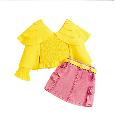 Bold Ruffle Sleeve Top & Hot Pink Denim Skirt Set (4-7 Years) Bold Ruffle Sleeve Top & Hot Pink Denim Skirt Set (4-7 Years)