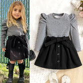 Classic Puff Shoulder Top & Bow Belt Skirt Set – Monochrome Edition (1-5 Years)