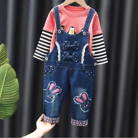 Denim Bunny Overalls with Bow Detail & Striped Top (Girls, 1-5 Years) Denim Bunny Overalls with Bow Detail & Striped Top (Girls, 1-5 Years)