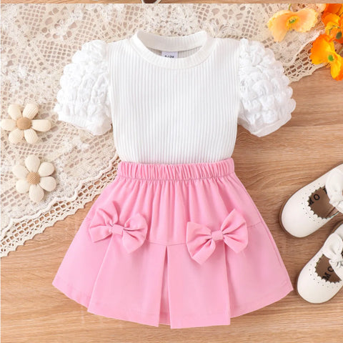 Puff Sleeve Knit Top & Pink Bow Skirt Set (1-5 Years) Puff Sleeve Knit Top & Pink Bow Skirt Set (1-5 Years)