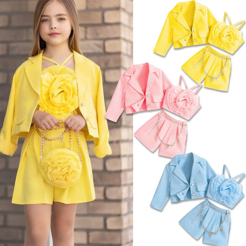 3-Piece Flower Accent Suit Set with Purse – Yellow, Pink, Blue (4-7 Years) 3-Piece Flower Accent Suit Set with Purse – Yellow, Pink, Blue (4-7 Years)