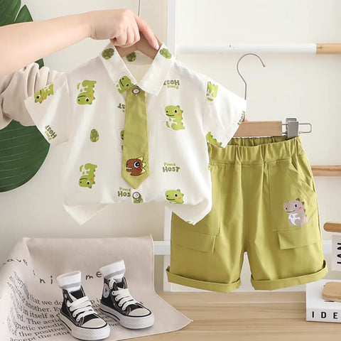 Mini Dino Adventure Set – Printed Shirt & Shorts with Tie (1-5 Years) Mini Dino Adventure Set – Printed Shirt & Shorts with Tie (1-5 Years)