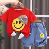 Red Smiley Boys' Denim Summer Set with Beanie Detail β 1 to 5 Years