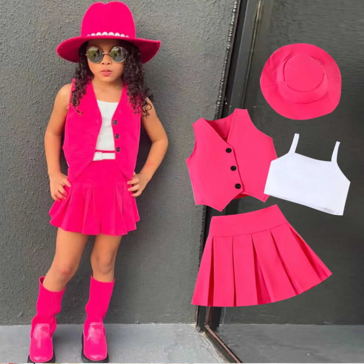 Bold Diva 4-Piece Set β Hot Pink Vest, Skirt & Hat Combo (1-6 Years)