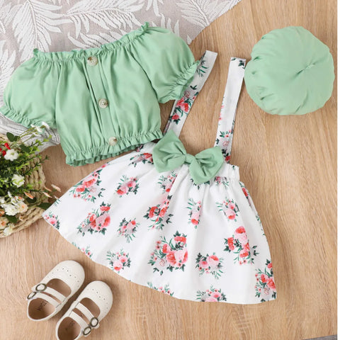 Floral Suspender Skirt Set with Puff Top & Matching Hat (4-7 Years) Floral Suspender Skirt Set with Puff Top & Matching Hat (4-7 Years)