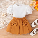Pumpkin Bow Skirt & Puff Sleeve Top – Soft Knit Combo (1-5 Years)