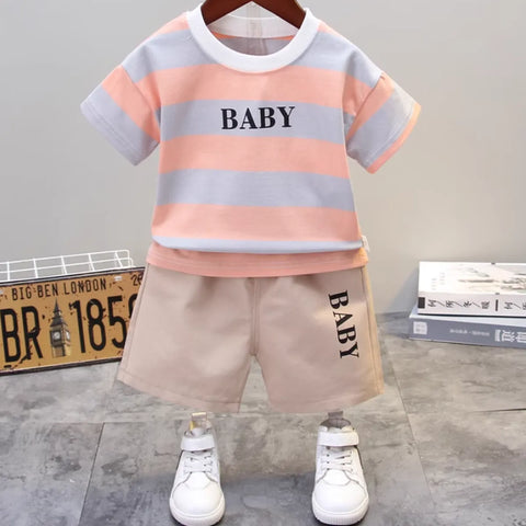 Striped “BABY” T-Shirt & Beige Shorts Set for Boys (1-5 Years) Striped “BABY” T-Shirt & Beige Shorts Set for Boys (1-5 Years)