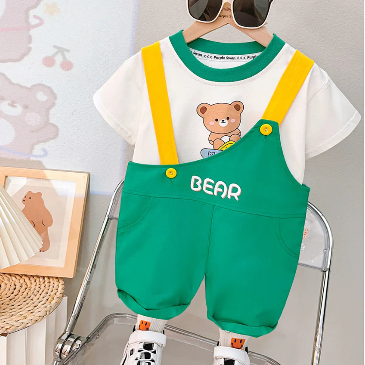 Boys' Bear Print Green Suspender Outfit – 2-Piece Summer Set (1-6 Years)