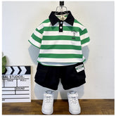 Striped Green Polo & Side-Tag Shorts Set for Boys (1-8 Years)