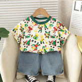 Boys' Cartoon Explorer Outfit – T-Shirt & Denim Shorts Set
