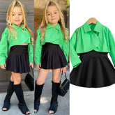 Trend Setter Cropped Shirt & Skater Skirt Set – Neon Green & Black (3-7 Years)