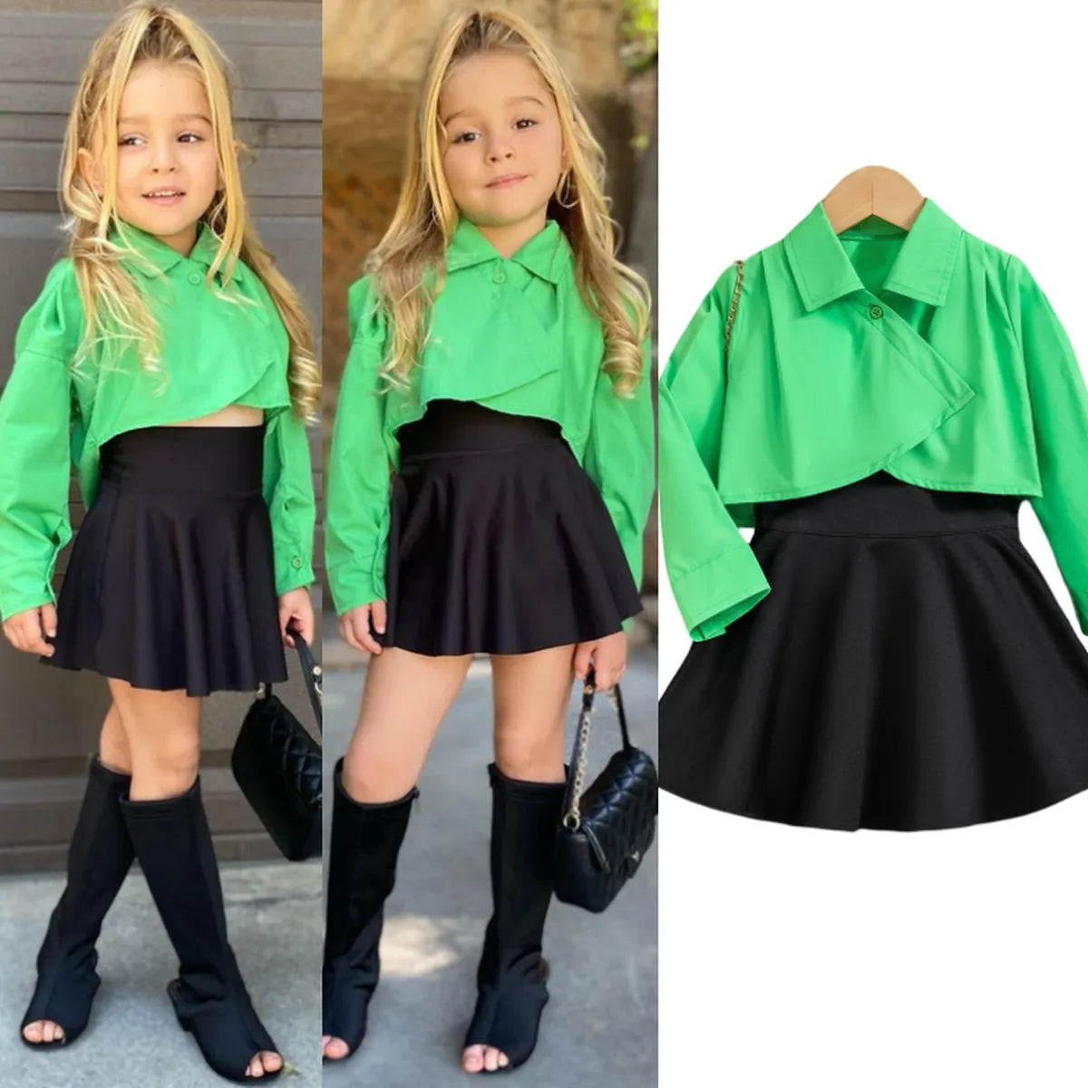 Trend Setter Cropped Shirt & Skater Skirt Set β Neon Green & Black (3-7 Years)