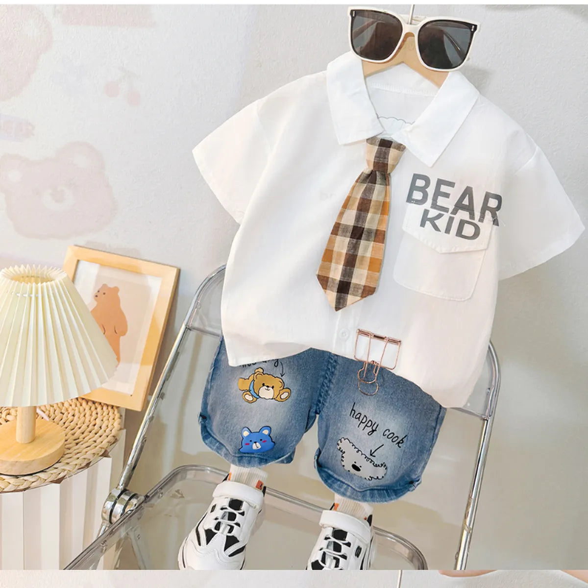 Boys' Casual Shirt & Denim Shorts Set – Bear Kid Print + Tie (1-6 Years)