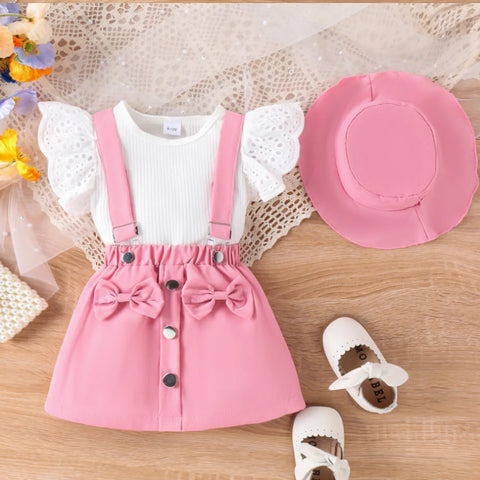 Pink Suspender Skirt Set with Eyelet Top & Matching Hat (1-5 Years) Pink Suspender Skirt Set with Eyelet Top & Matching Hat (1-5 Years)