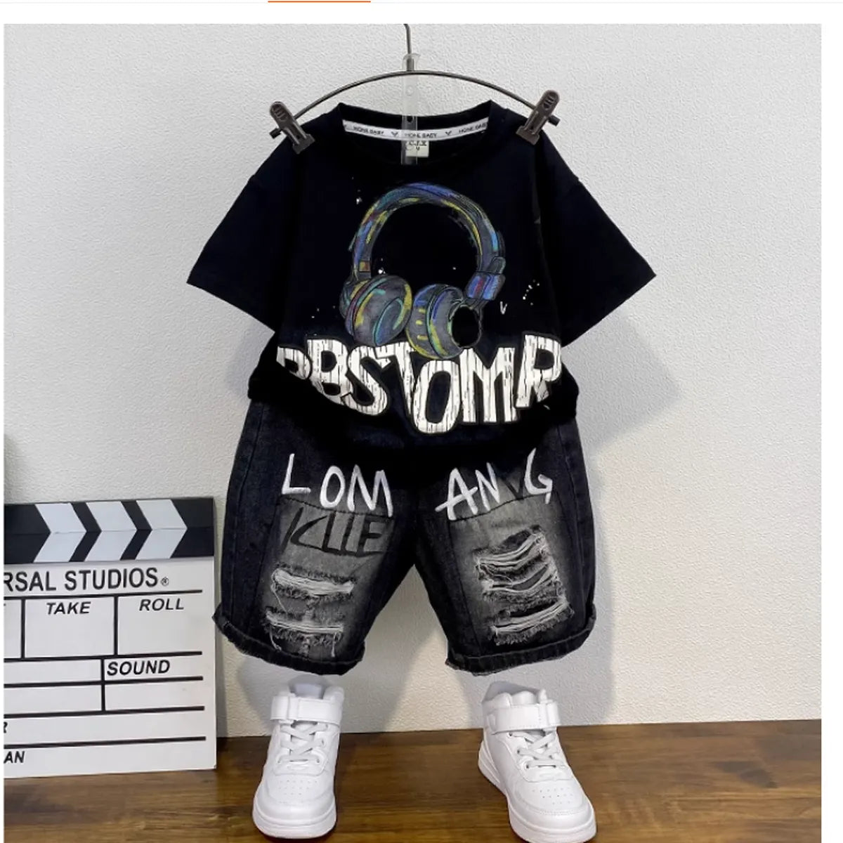 Black Headphone Graphic Tee & Graffiti Denim Shorts Set (1-8 Years)