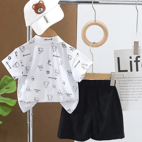 Boys' Cartoon Shirt & Shorts Set with Dino Tie β Formal Fun Style Boys' Cartoon Shirt & Shorts Set with Dino Tie β Formal Fun Style