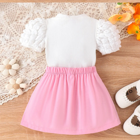 Puff Sleeve Knit Top & Pink Bow Skirt Set (1-5 Years) Puff Sleeve Knit Top & Pink Bow Skirt Set (1-5 Years)