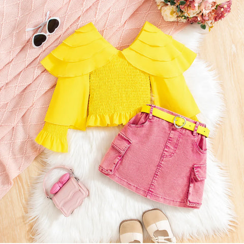 Bold Ruffle Sleeve Top & Hot Pink Denim Skirt Set (4-7 Years) Bold Ruffle Sleeve Top & Hot Pink Denim Skirt Set (4-7 Years)