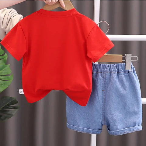 Red Smiley Boys' Denim Summer Set with Beanie Detail – 1 to 5 Years Red Smiley Boys' Denim Summer Set with Beanie Detail – 1 to 5 Years