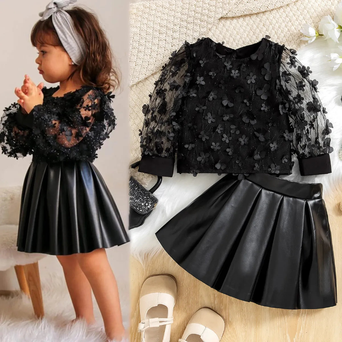 3D Floral Mesh Top & Faux Leather Skirt Set – All Black