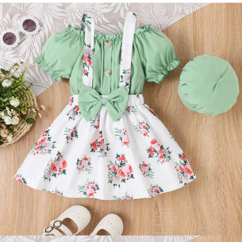 Floral Suspender Skirt Set with Puff Top & Matching Hat (4-7 Years) Floral Suspender Skirt Set with Puff Top & Matching Hat (4-7 Years)
