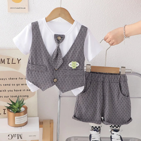 Boys' 3-Piece Grey Summer Outfit – Vest, Shorts & Tie Set (1-6 Years) Boys' 3-Piece Grey Summer Outfit – Vest, Shorts & Tie Set (1-6 Years)