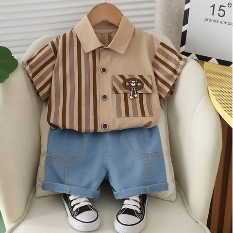 Boys' Vintage Striped Shirt & Denim Shorts Set Boys' Vintage Striped Shirt & Denim Shorts Set