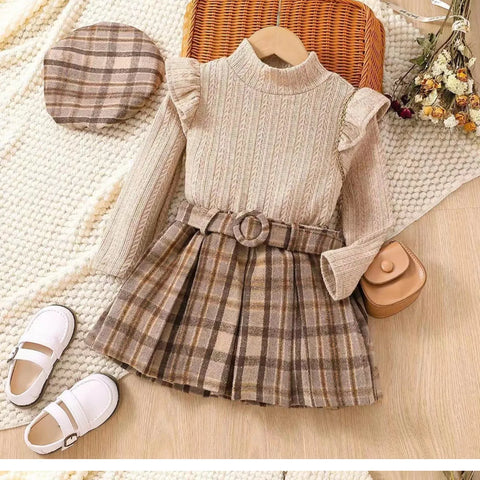 Vintage Plaid Skirt Outfit with Knit Top, Beret & Accessories (1-6 Years) Vintage Plaid Skirt Outfit with Knit Top, Beret & Accessories (1-6 Years)