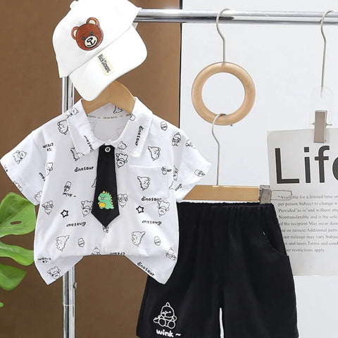 Boys' Cartoon Shirt & Shorts Set with Dino Tie β Formal Fun Style Boys' Cartoon Shirt & Shorts Set with Dino Tie β Formal Fun Style