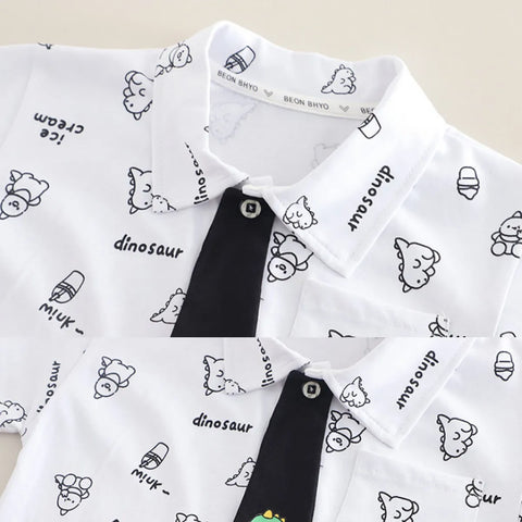 Boys' Cartoon Shirt & Shorts Set with Dino Tie β Formal Fun Style Boys' Cartoon Shirt & Shorts Set with Dino Tie β Formal Fun Style