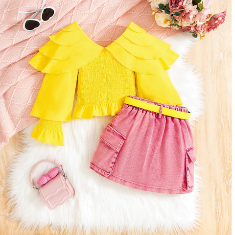 Bold Ruffle Sleeve Top & Hot Pink Denim Skirt Set (4-7 Years) Bold Ruffle Sleeve Top & Hot Pink Denim Skirt Set (4-7 Years)