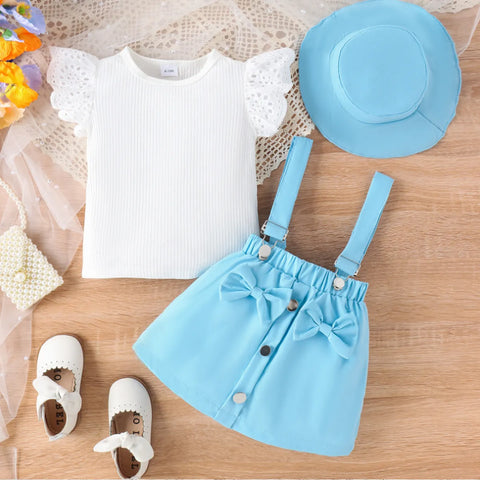 Sky Blue Suspender Skirt Set with Ruffle Top & Hat (1-5 Years) Sky Blue Suspender Skirt Set with Ruffle Top & Hat (1-5 Years)