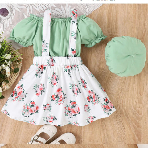 Floral Suspender Skirt Set with Puff Top & Matching Hat (4-7 Years) Floral Suspender Skirt Set with Puff Top & Matching Hat (4-7 Years)