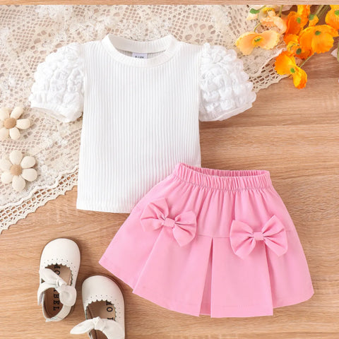 Puff Sleeve Knit Top & Pink Bow Skirt Set (1-5 Years) Puff Sleeve Knit Top & Pink Bow Skirt Set (1-5 Years)