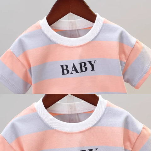 Striped “BABY” T-Shirt & Beige Shorts Set for Boys (1-5 Years) Striped “BABY” T-Shirt & Beige Shorts Set for Boys (1-5 Years)