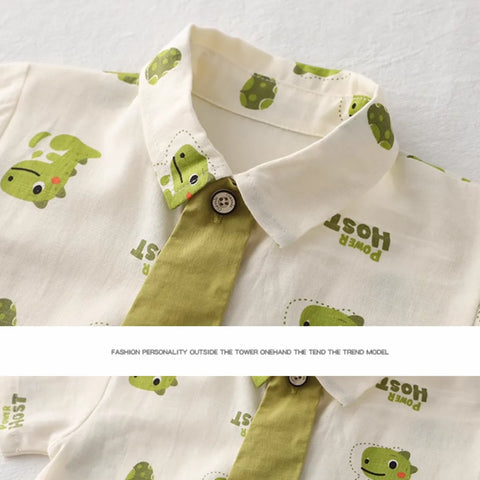 Mini Dino Adventure Set – Printed Shirt & Shorts with Tie (1-5 Years) Mini Dino Adventure Set – Printed Shirt & Shorts with Tie (1-5 Years)