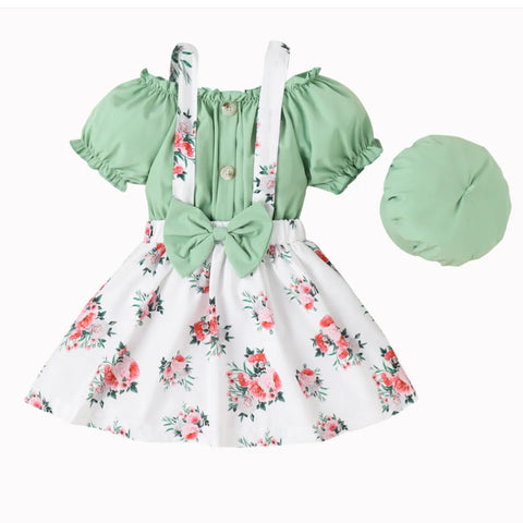Floral Suspender Skirt Set with Puff Top & Matching Hat (4-7 Years) Floral Suspender Skirt Set with Puff Top & Matching Hat (4-7 Years)