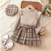 Vintage Plaid Skirt Outfit with Knit Top, Beret & Accessories (1-6 Years)