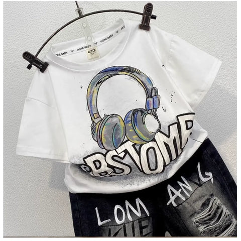 Graffiti Headphones Tee & Distressed Shorts – Street Vibes Look (1-7 Years) Graffiti Headphones Tee & Distressed Shorts – Street Vibes Look (1-7 Years)
