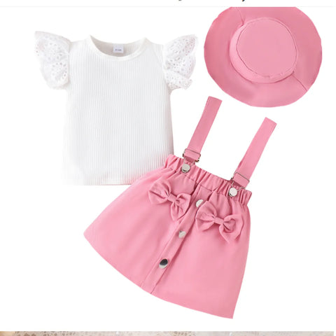 Pink Suspender Skirt Set with Eyelet Top & Matching Hat (1-5 Years) Pink Suspender Skirt Set with Eyelet Top & Matching Hat (1-5 Years)
