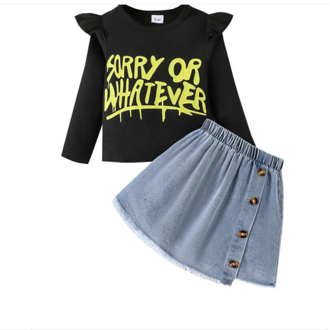 “Sorry or Whatever” Slogan Top & Buttoned Denim Skirt Set (2-7 Years) “Sorry or Whatever” Slogan Top & Buttoned Denim Skirt Set (2-7 Years)