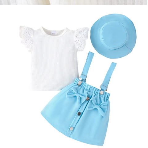 Sky Blue Suspender Skirt Set with Ruffle Top & Hat (1-5 Years) Sky Blue Suspender Skirt Set with Ruffle Top & Hat (1-5 Years)