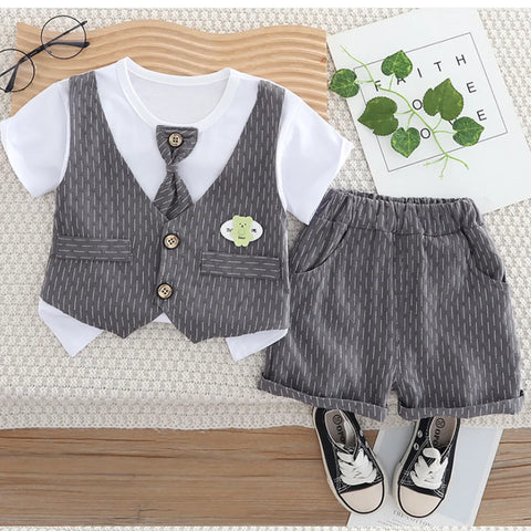 Boys' 3-Piece Grey Summer Outfit – Vest, Shorts & Tie Set (1-6 Years) Boys' 3-Piece Grey Summer Outfit – Vest, Shorts & Tie Set (1-6 Years)