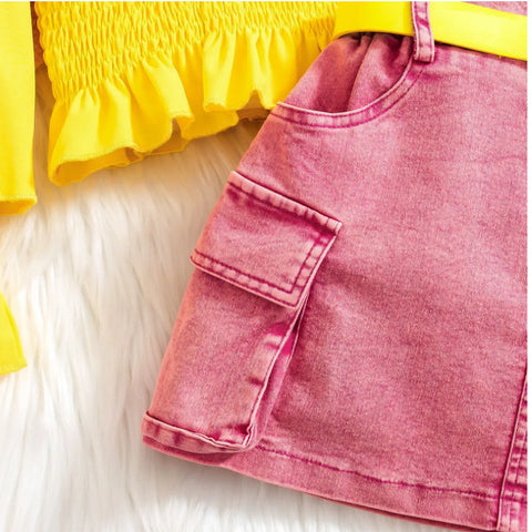 Bold Ruffle Sleeve Top & Hot Pink Denim Skirt Set (4-7 Years) Bold Ruffle Sleeve Top & Hot Pink Denim Skirt Set (4-7 Years)