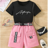 Black “Authentic” T-Shirt & Pink Pocket Shorts Set for Girls