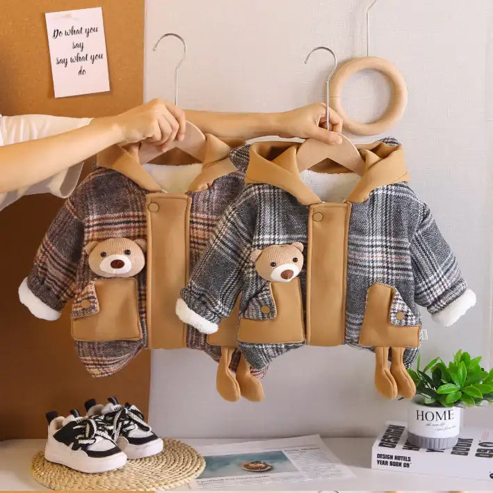 Toddler Thick Winter Plaid Jacket with Bear Pocket – Brown or Grey (1-5 Years)