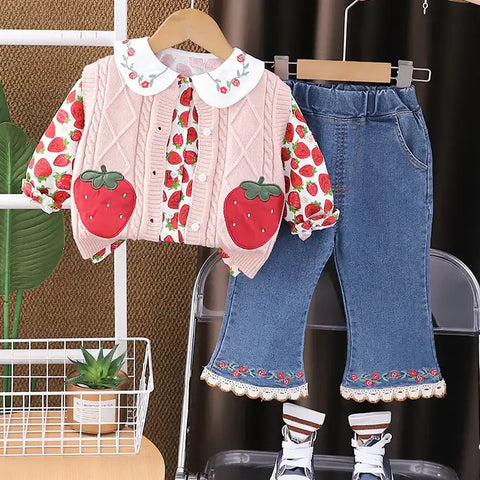 Toddler 3-Piece Strawberry Outfit with Vest, Shirt & Jeans β Red, White, Pink (1-5 Years) Toddler 3-Piece Strawberry Outfit with Vest, Shirt & Jeans β Red, White, Pink (1-5 Years)