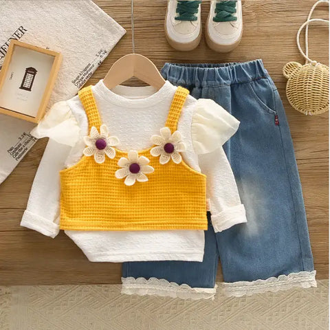 3-Piece Kids Daisy Outfit with Denim Skirt β Yellow or Pink (1-5 Years) 3-Piece Kids Daisy Outfit with Denim Skirt β Yellow or Pink (1-5 Years)