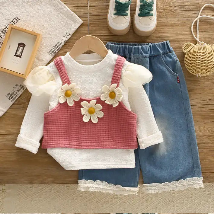 3-Piece Kids Daisy Outfit with Denim Skirt β Yellow or Pink (1-5 Years)