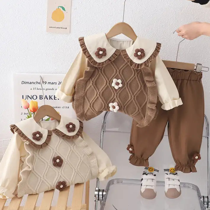 3-Piece Kids Outfit with 3D Flower Vest β Beige or Brown (1-5 Years)